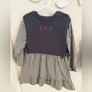 Zara Navy Knit Bodice Check Dress with Red Embroidered Flowers
